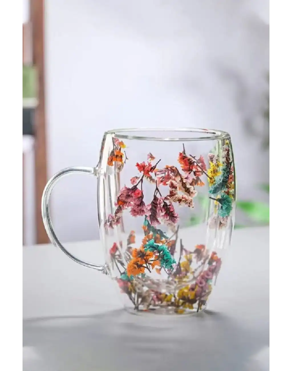 Özel Üretim Kurutulmuş Çiçekli Şık Dayanıklı Cam Kupa Bardak Hediyelik Kulplu Fincan 250 ml