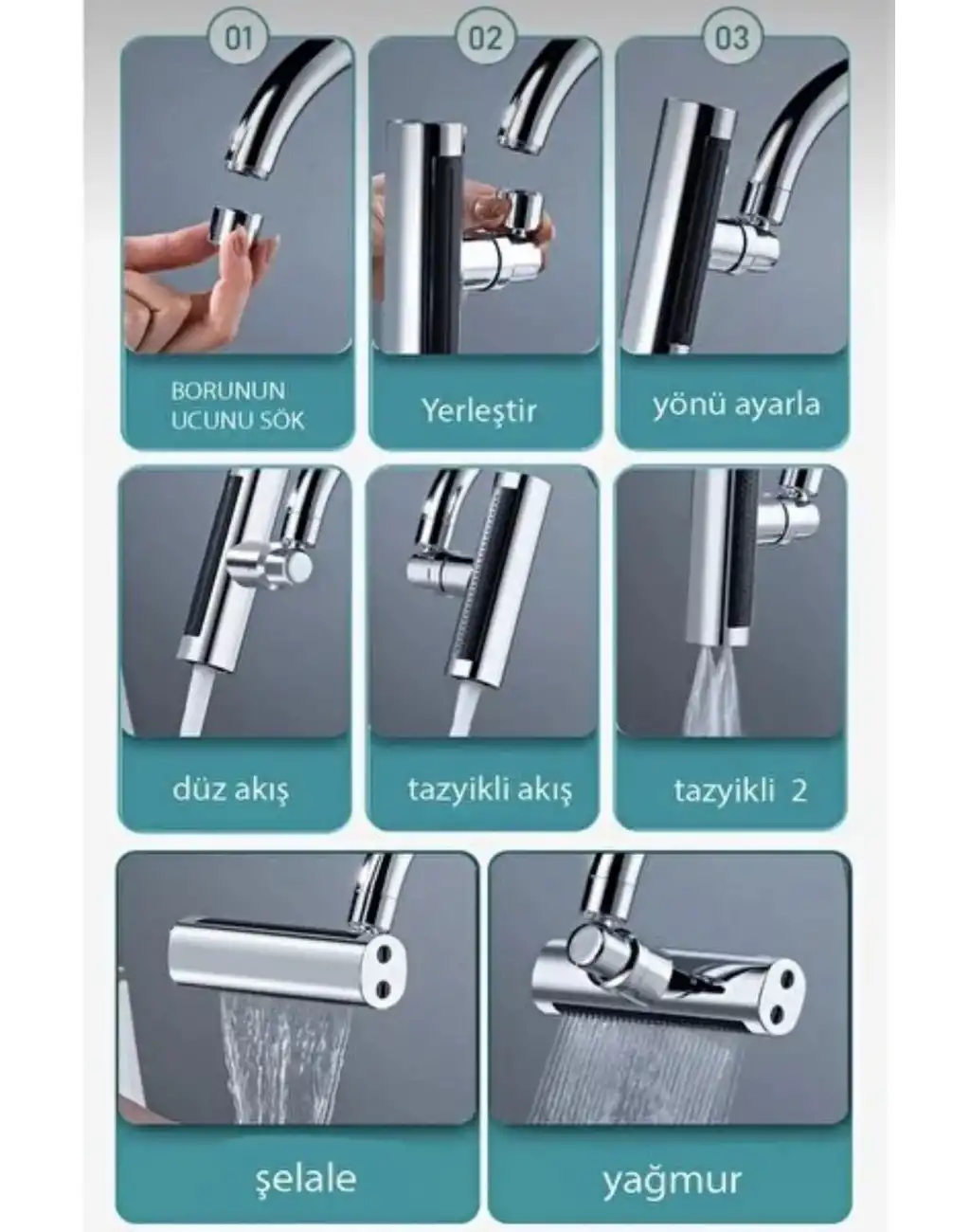 Özel Tasarım Dekoratif Mutfak Su Tasarruflu Sert Plastik 360 Derece Dönen Musluk Çok Fonksiyonlu