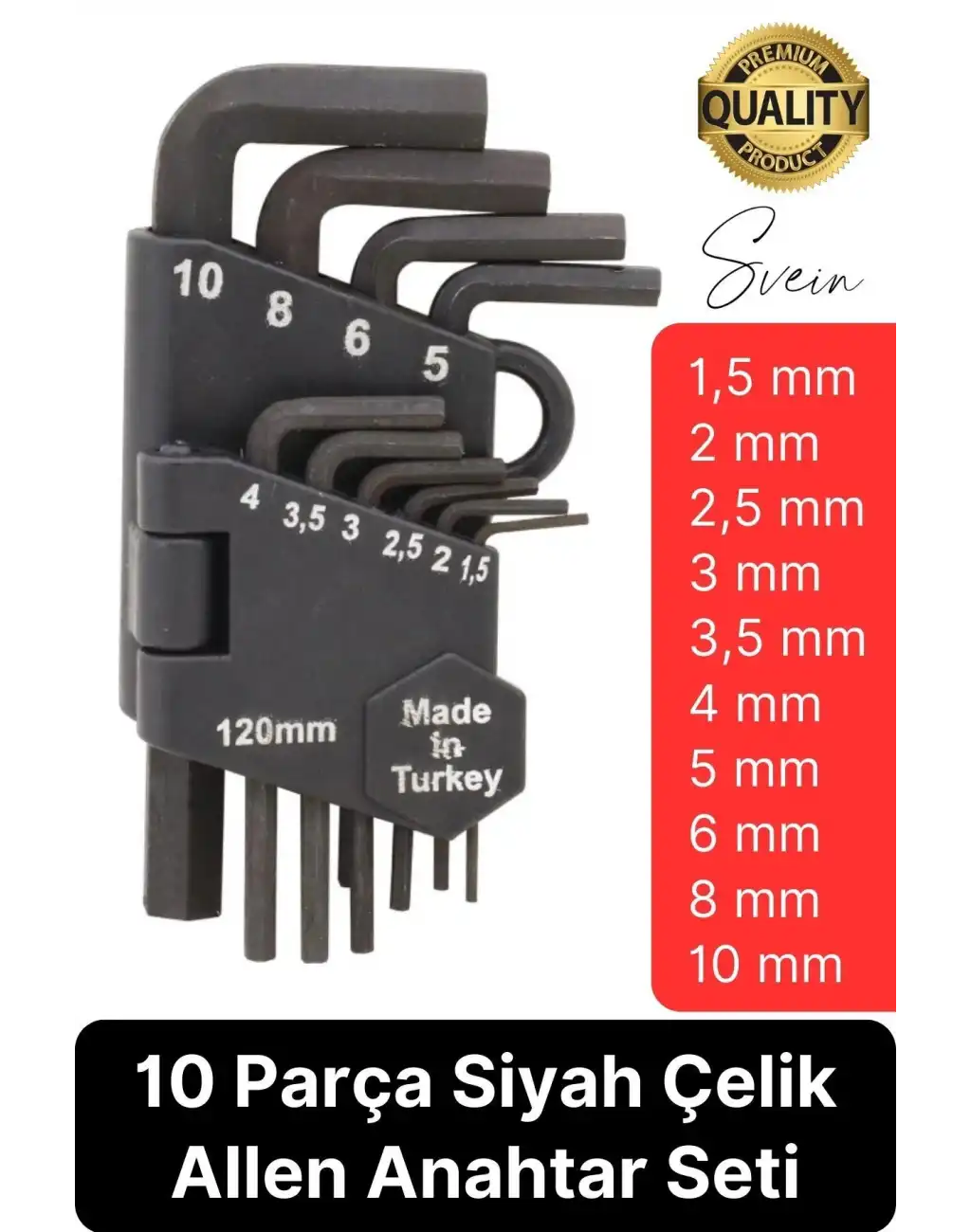 Premium 10 Parça Siyah Çelik 120 mm Allen Anahtar Seti Alyan Takımı Profesyonel Manuel Uzun Tamir