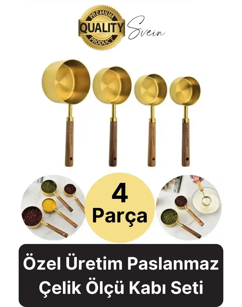 Özel Üretim Ağaç Saplı Paslanmaz Çelik 4 Boy Ölçü Kaşığı Kabı Lüks Şık Doğal Görünüm Otantik Altın