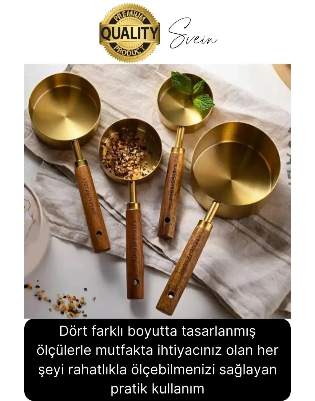 Özel Üretim Ağaç Saplı Paslanmaz Çelik 4 Boy Ölçü Kaşığı Kabı Lüks Şık Doğal Görünüm Otantik Altın