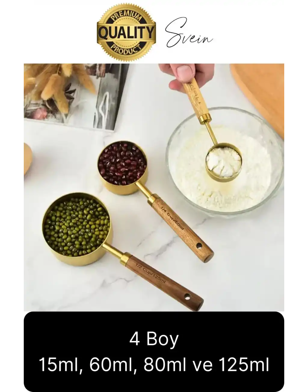 Özel Üretim Ağaç Saplı Paslanmaz Çelik 4 Boy Ölçü Kaşığı Kabı Lüks Şık Doğal Görünüm Otantik Altın