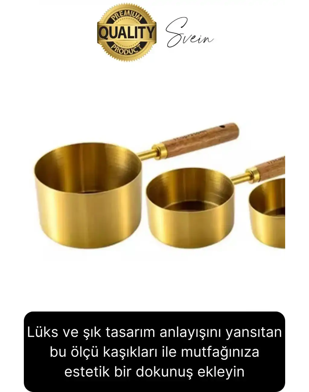 Özel Üretim Ağaç Saplı Paslanmaz Çelik 4 Boy Ölçü Kaşığı Kabı Lüks Şık Doğal Görünüm Otantik Altın