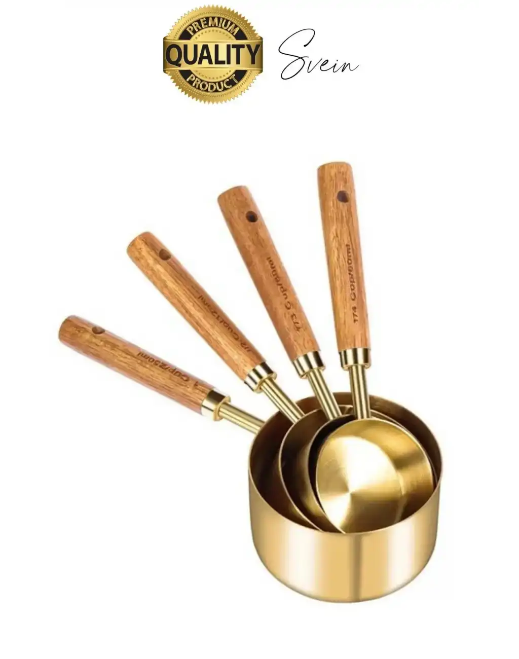 Özel Üretim Ağaç Saplı Paslanmaz Çelik 4 Boy Ölçü Kaşığı Kabı Lüks Şık Doğal Görünüm Otantik Altın