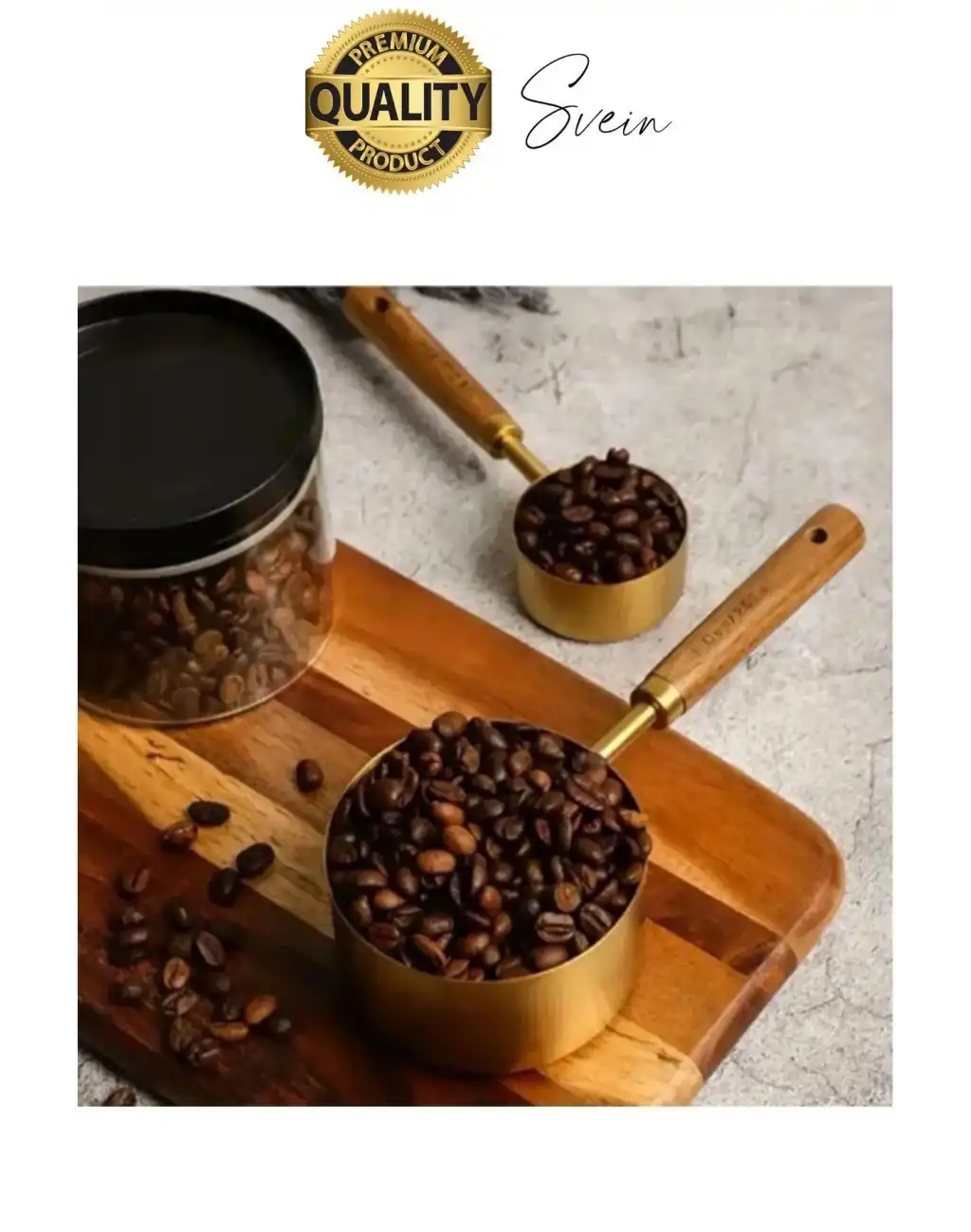 Özel Üretim Ağaç Saplı Paslanmaz Çelik 4 Boy Ölçü Kaşığı Kabı Lüks Şık Doğal Görünüm Otantik Altın