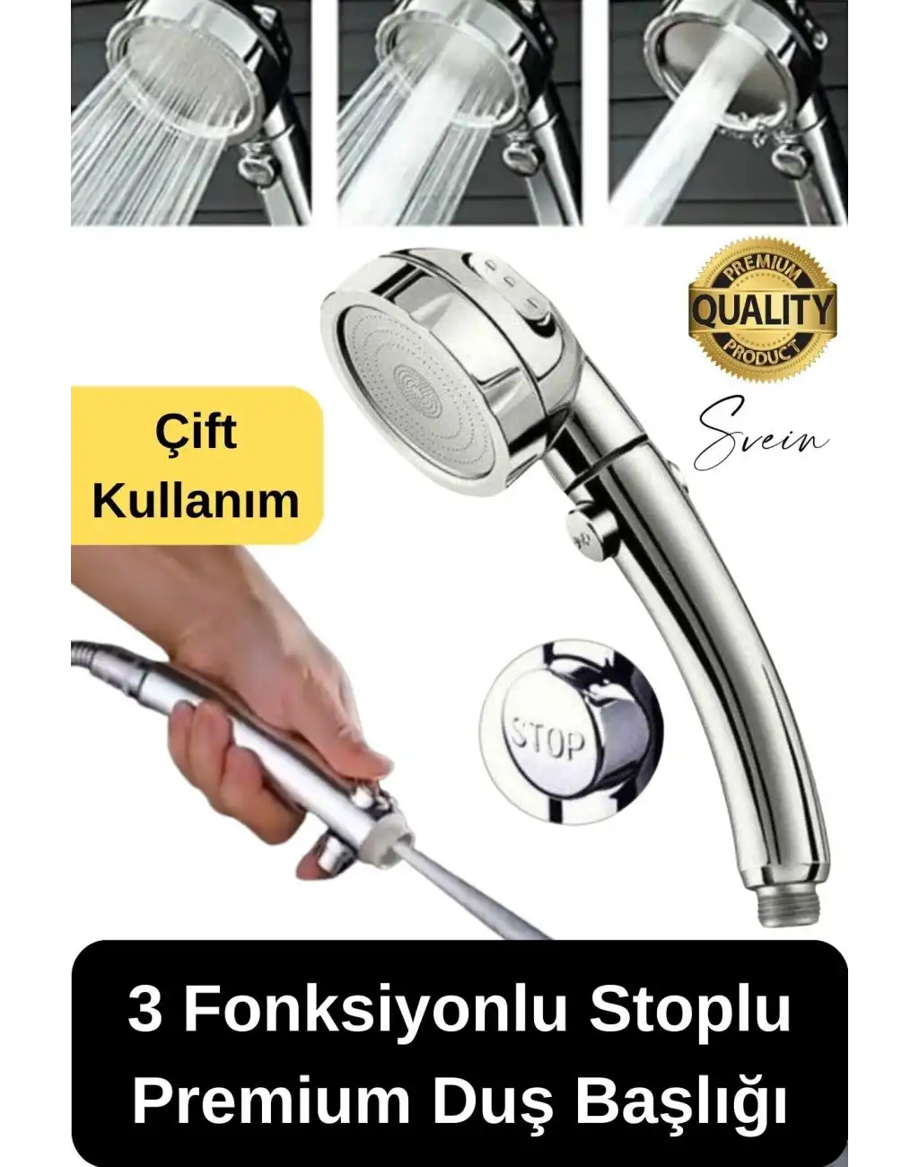 Premium 3 Fonksiyonlu Stoplu Krom Görünüm Duş Başlığı El Duşu Yüksek Basınç Kolay Kullanım Patlamaz