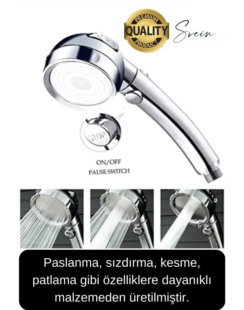 Premium 3 Fonksiyonlu Stoplu Krom Görünüm Duş Başlığı El Duşu Yüksek Basınç Kolay Kullanım Patlamaz