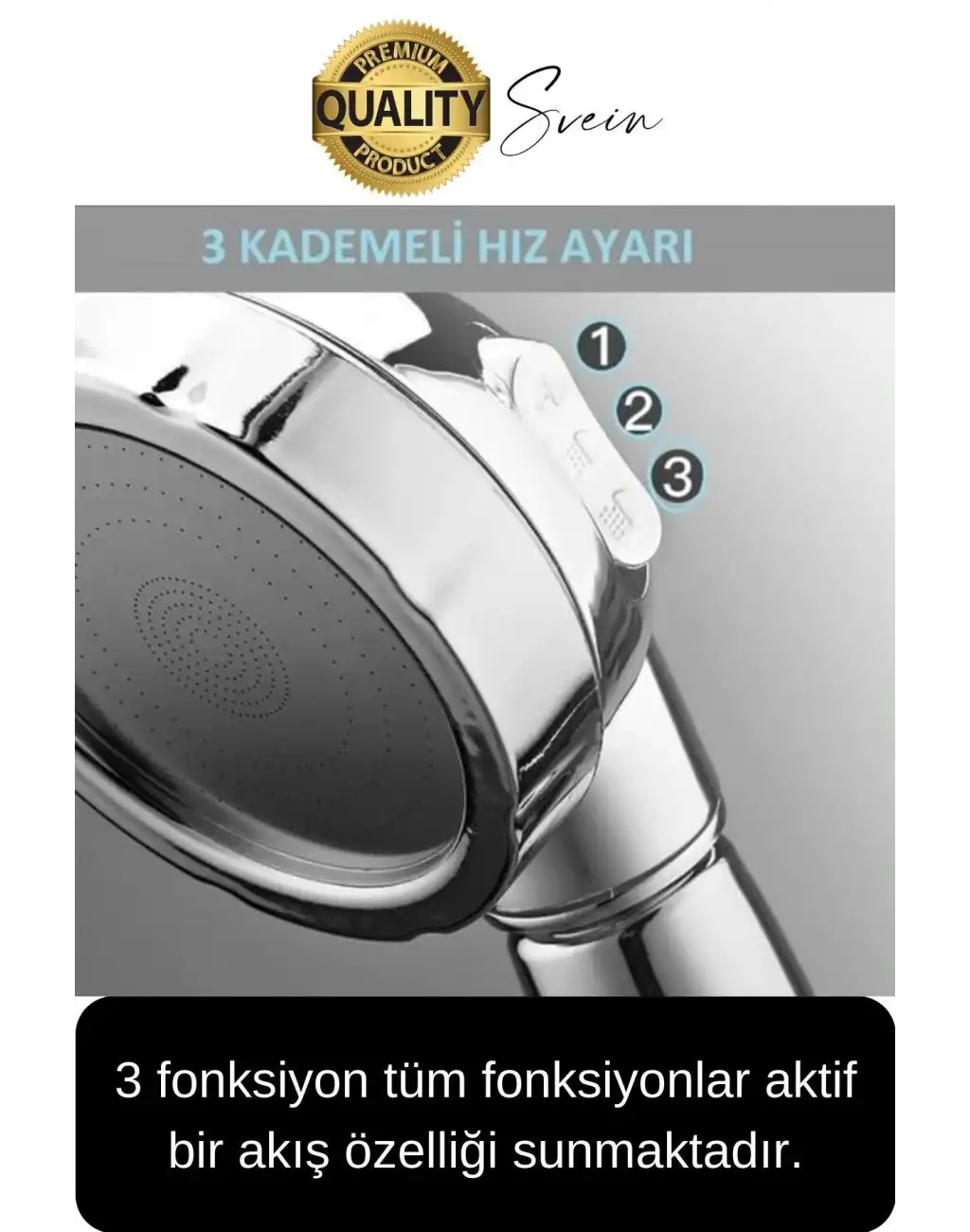 Premium 3 Fonksiyonlu Stoplu Krom Görünüm Duş Başlığı El Duşu Yüksek Basınç Kolay Kullanım Patlamaz