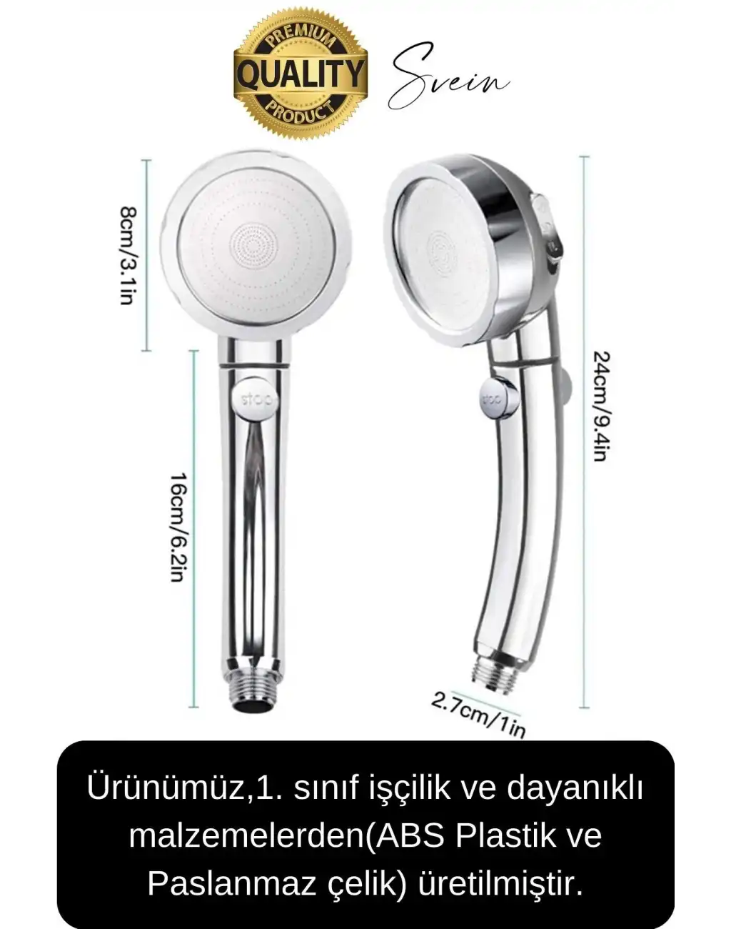 Premium 3 Fonksiyonlu Stoplu Krom Görünüm Duş Başlığı El Duşu Yüksek Basınç Kolay Kullanım Patlamaz