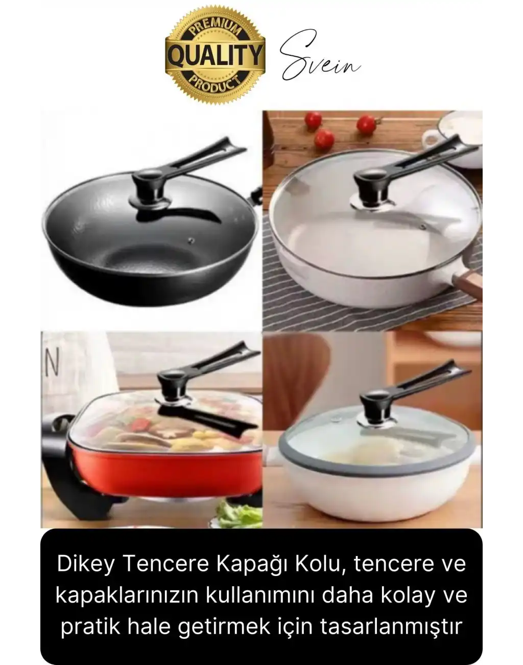 Premium Isıya Dayanıklı Dikey Tasarım Tencere Kapağı Kolu Kaldırma Aparatı Topuzu Siyah Pratik Rahat