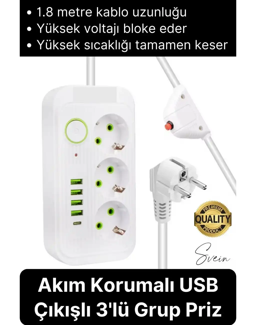 Premium Yeni Nesil Akım Korumalı 3lü Grup Priz Uzatma 4 USB Çıkışlı Bağlantılı Fiş 3000 Watt