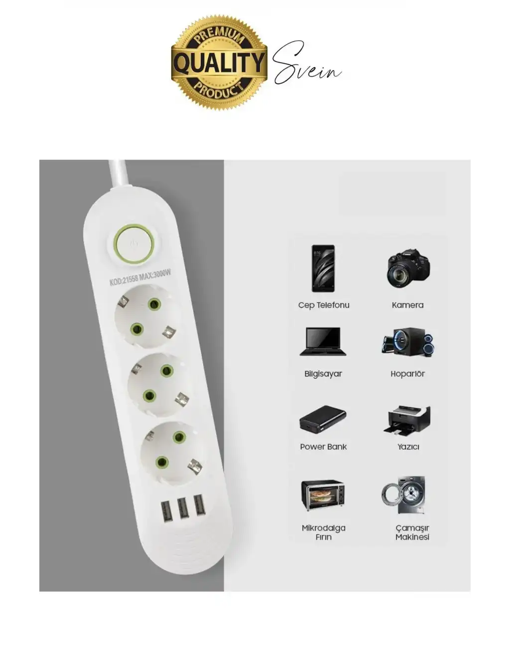 Premium Yeni Nesil Akım Korumalı 3lü Grup Priz Uzatma 4 USB Çıkışlı Bağlantılı Fiş 3000 Watt