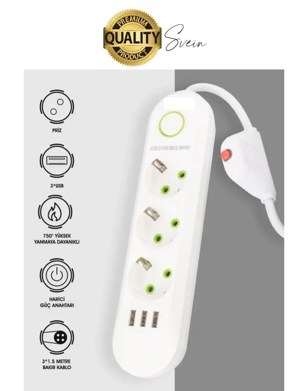 Premium Yeni Nesil Akım Korumalı 3lü Grup Priz Uzatma 4 USB Çıkışlı Bağlantılı Fiş 3000 Watt