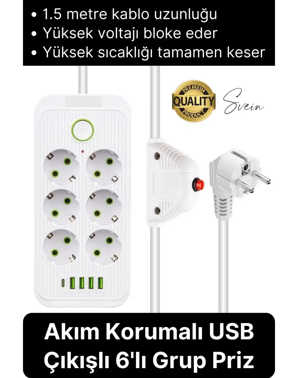 Premium Yeni Nesil Akım Korumalı 6lı Grup Priz Uzatma 4 USB Çıkışlı Bağlantılı Fiş 3000 Watt