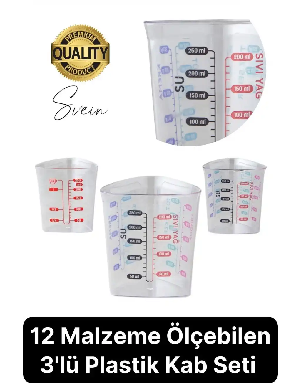 Premium 3lü Set Plastik Ölçü Kabı 12 Çeşit Malzeme Ölçme Şeffaf Mutfak Gereci Galeta Unu İrmik