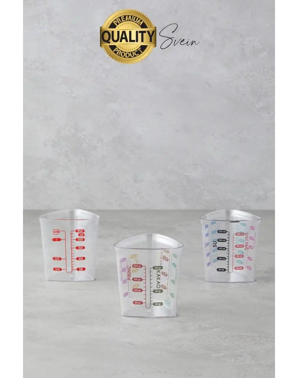 Premium 3lü Set Plastik Ölçü Kabı 12 Çeşit Malzeme Ölçme Şeffaf Mutfak Gereci Galeta Unu İrmik