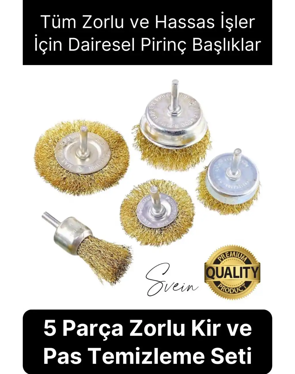 Dayanıklı Çanak Saçaklı Tel Fırça Seti 5 Parça Sarı Telli Dairesel Matkap Uyumlu Pas Kir Temizleyici