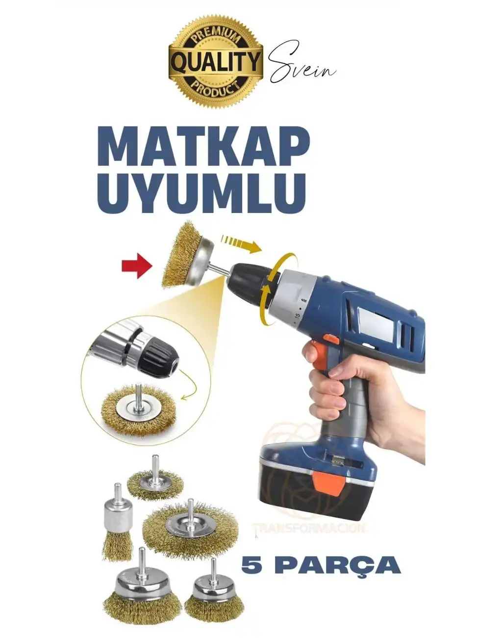 Dayanıklı Çanak Saçaklı Tel Fırça Seti 5 Parça Sarı Telli Dairesel Matkap Uyumlu Pas Kir Temizleyici