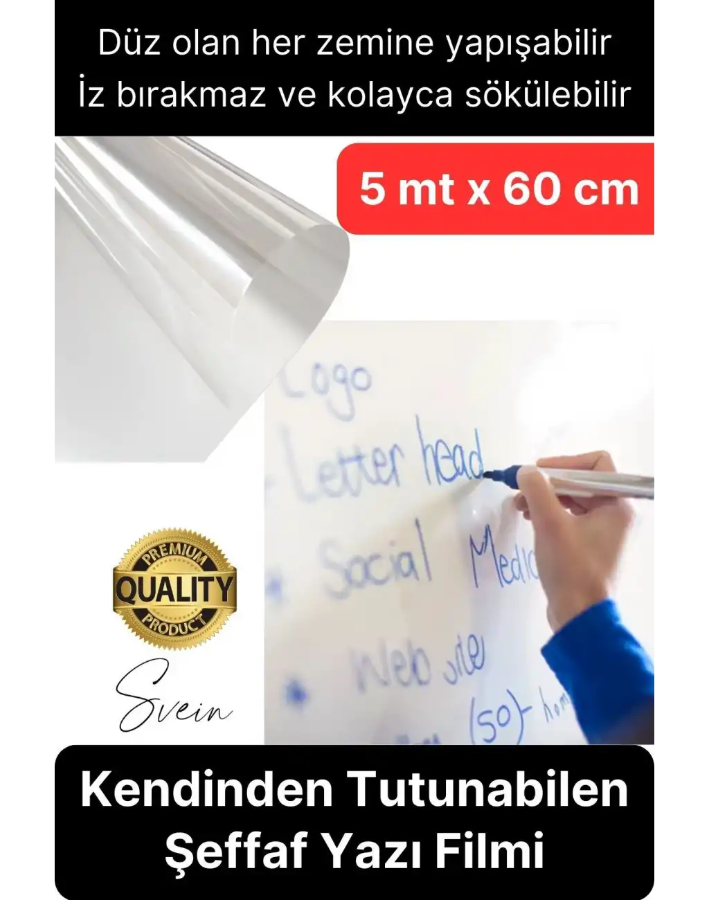 Kendinden Yapışkanlı Şeffaf Yazı Tahtası Filmi 500x60 cm Duvar Koruyucu Not Alma Pratik Folyo