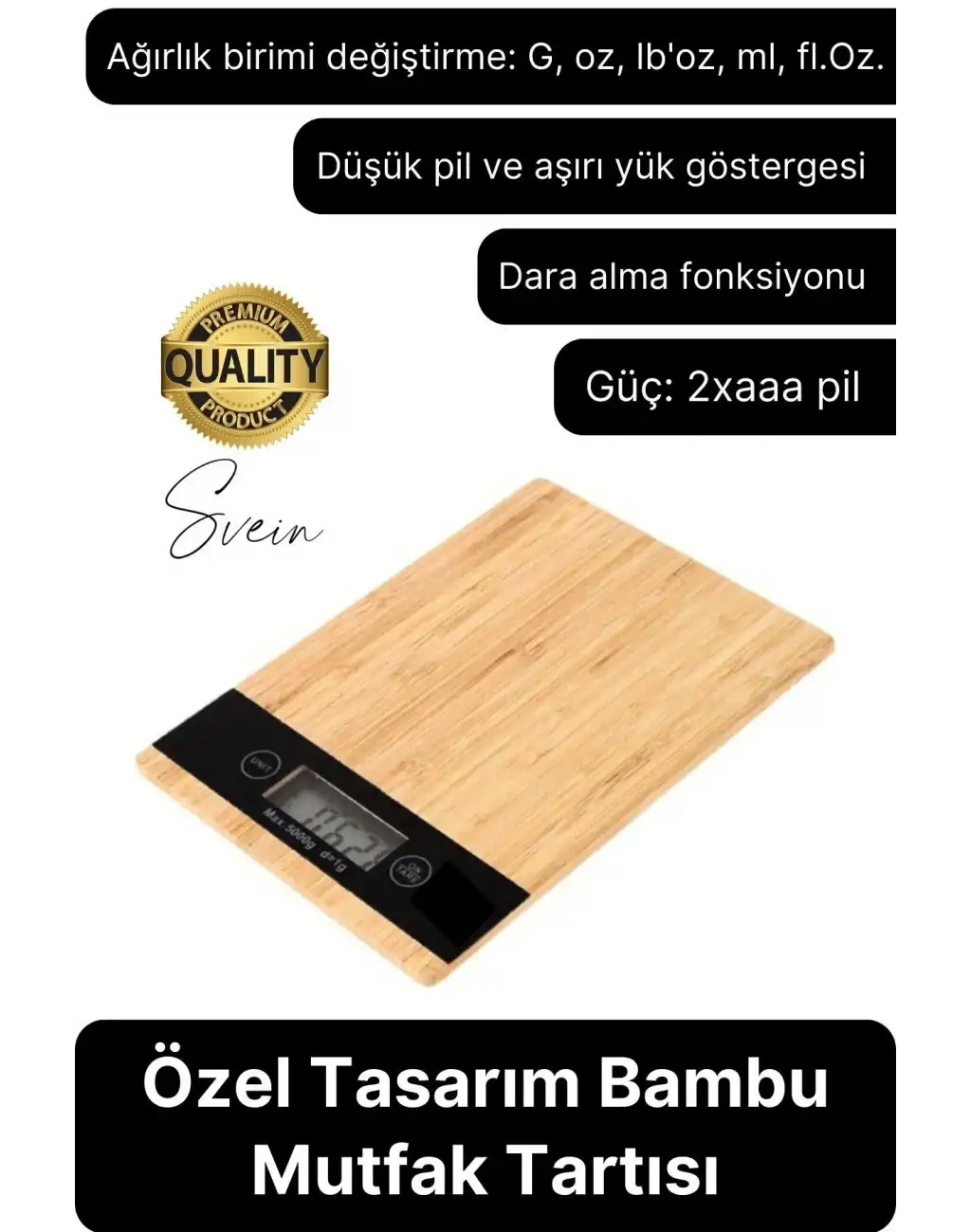 Premium Ahşap Dijital Ekranlı Yüksek Hassasiyet Mutfak Terazisi Bambu Tartı 5 kg Kapasiteli