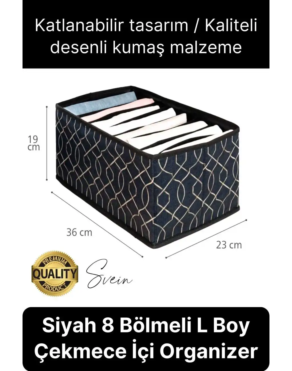 Çok Amaçlı Siyah 8 Gözlü Çekmece Dolap İçi Düzenleyici Organizer Büyük Large Boy Tshirt El Havlusu