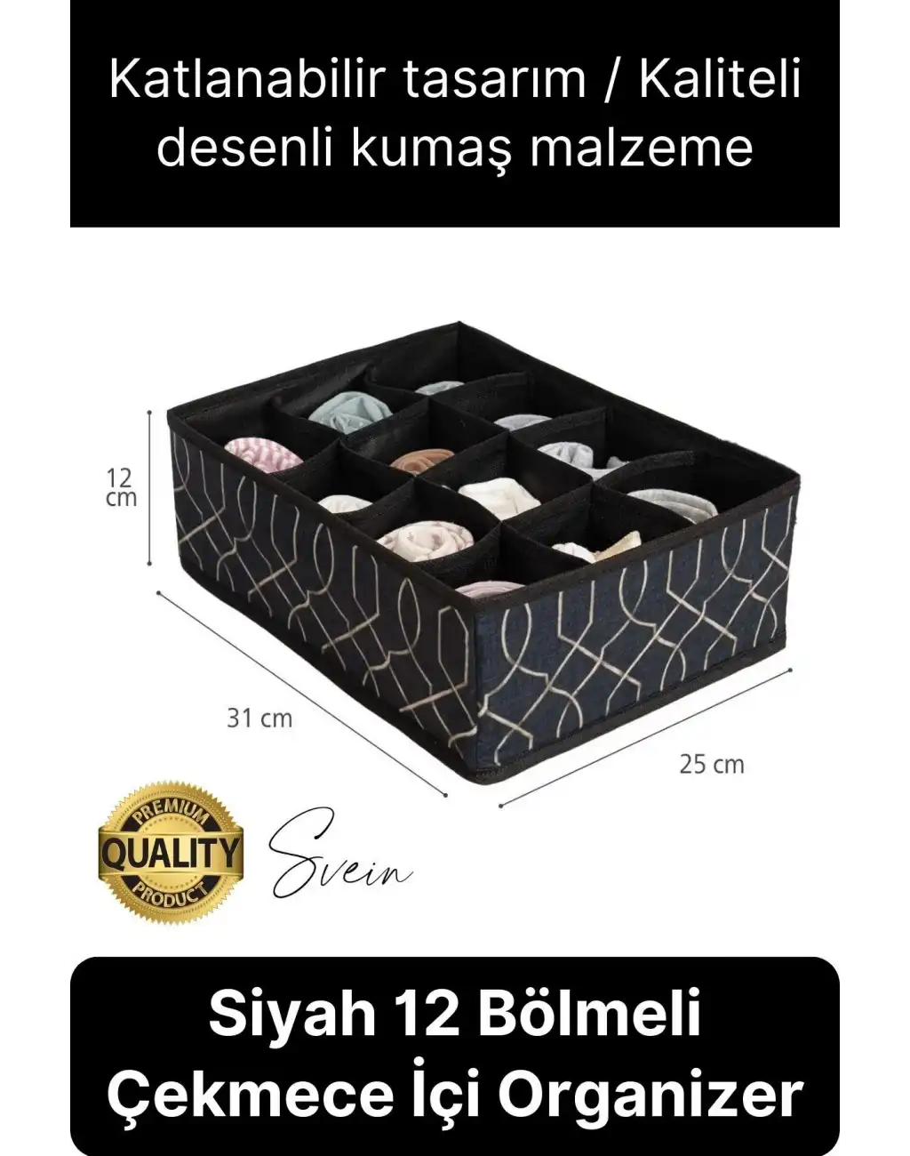 12 Bölmeli Dolap Çekmece İçi Düzenleyici Siyah Organizer Çorap Kravat Hobi Kutusu Kozmetik Aksesuar