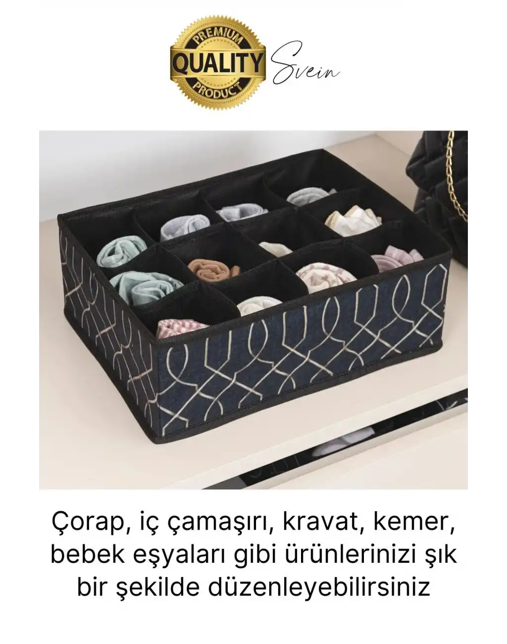 12 Bölmeli Dolap Çekmece İçi Düzenleyici Siyah Organizer Çorap Kravat Hobi Kutusu Kozmetik Aksesuar