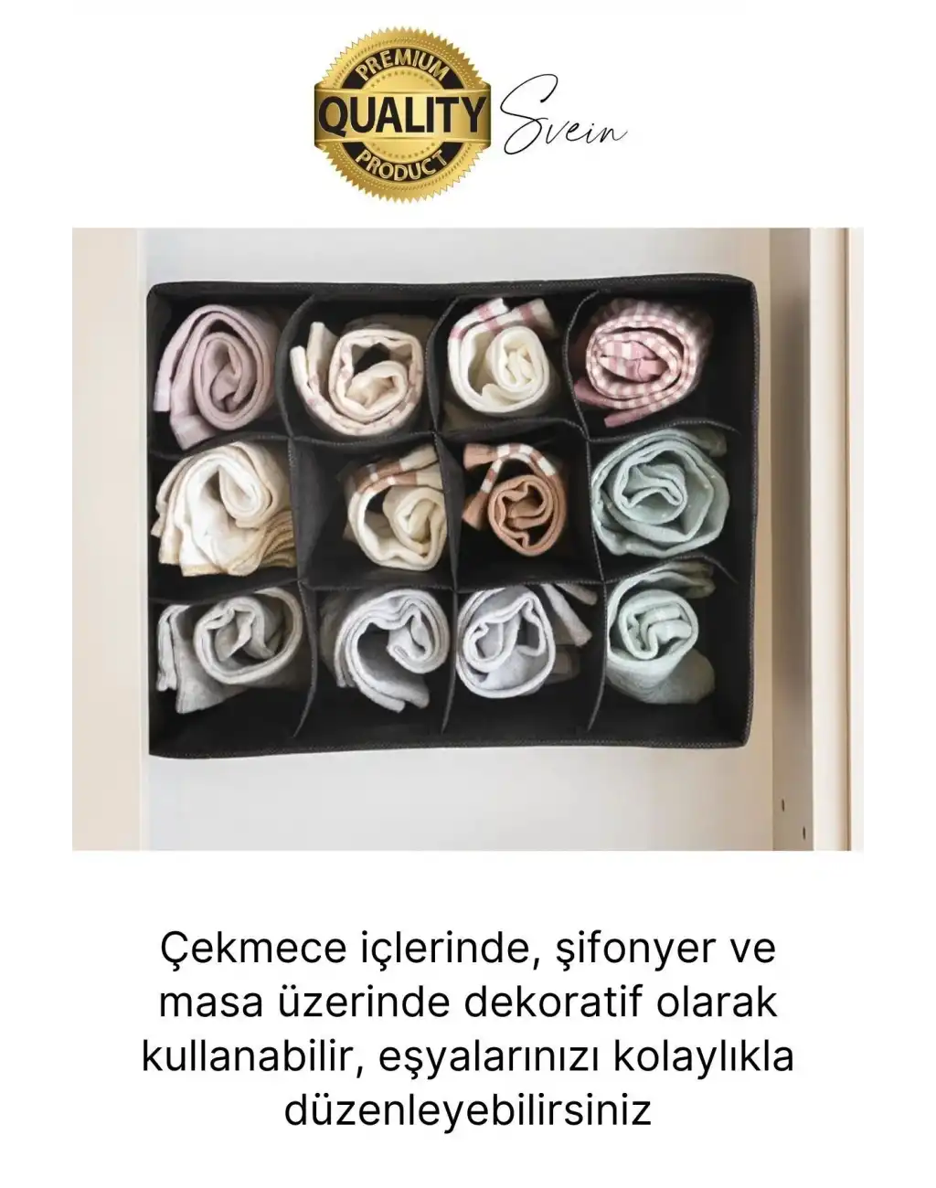 12 Bölmeli Dolap Çekmece İçi Düzenleyici Siyah Organizer Çorap Kravat Hobi Kutusu Kozmetik Aksesuar