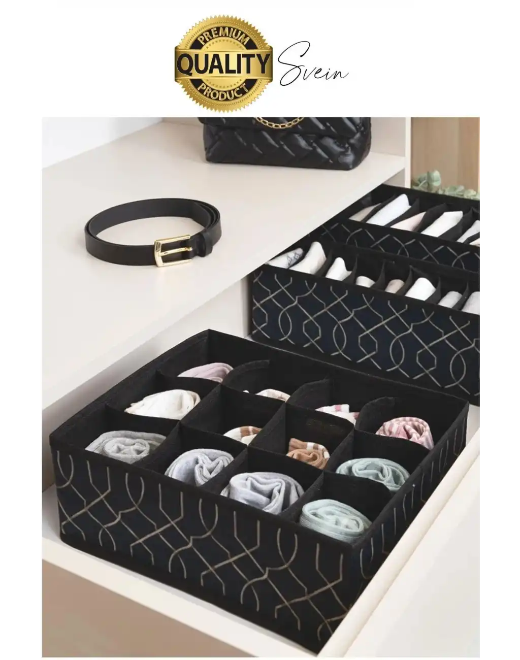 12 Bölmeli Dolap Çekmece İçi Düzenleyici Siyah Organizer Çorap Kravat Hobi Kutusu Kozmetik Aksesuar