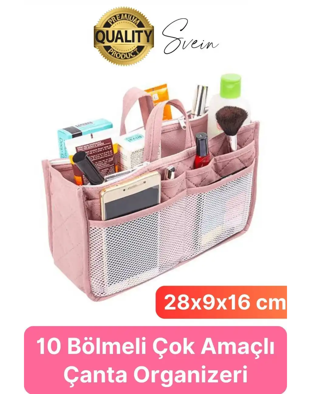 Çok Fonksiyonlu Kulplu Çanta İçi Düzenleyici Organizer Bölmeli Kumaş Taşınabilir Kozmetik Dayanıklı