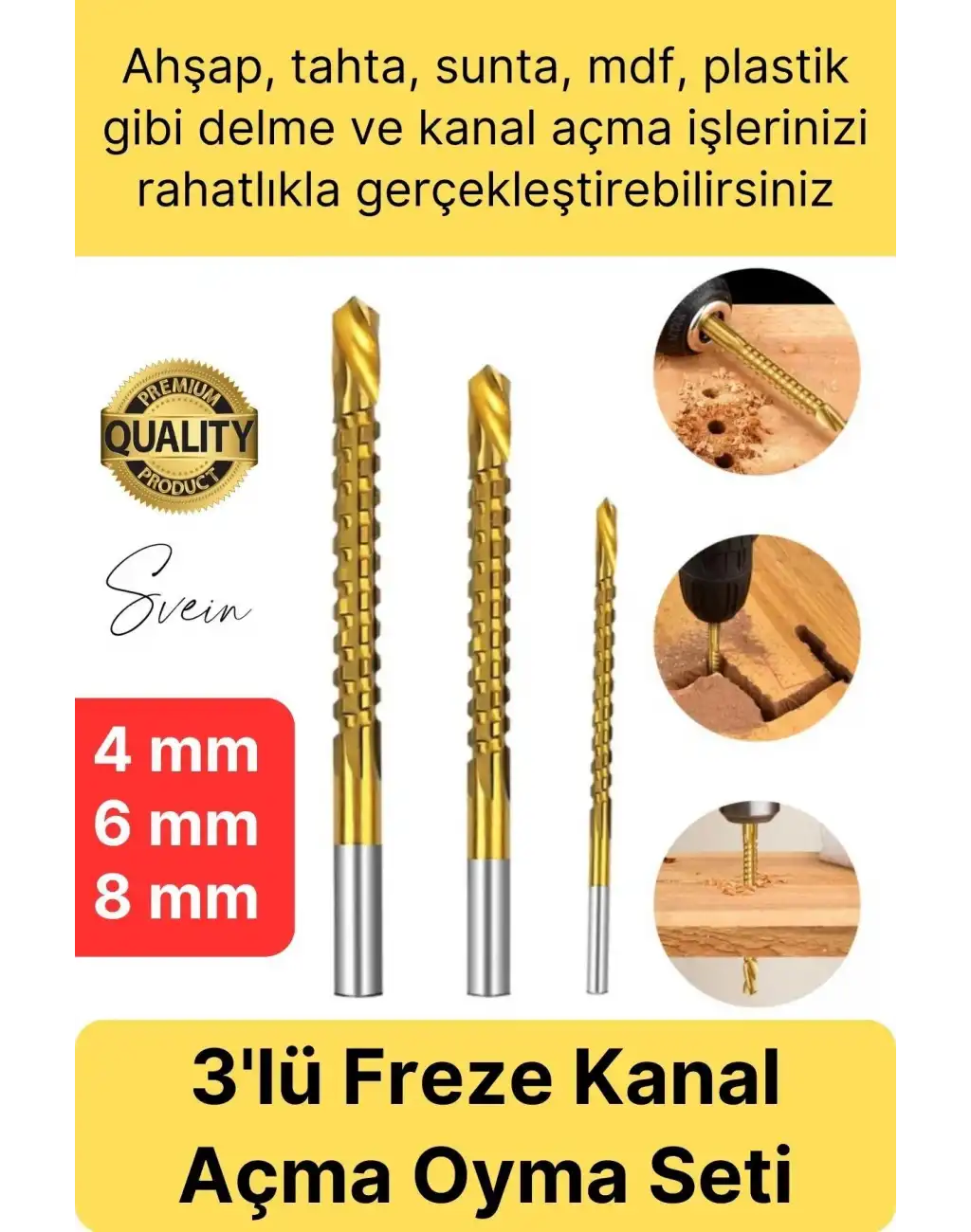 Premium Çok Amaçlı 3lü Freze Matkap Uç Seti Ahşap Tahta Delme Titanyum Kanal Açma Sunta Mdf Oyma