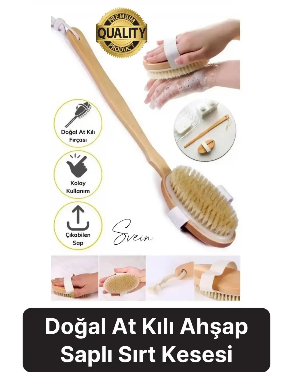 Premium %100 Doğal At Kılı Banyo Fırçası Ahşap Saplı Selülit Önleyici Yumuşak Vücut Masaj Sırt Kese