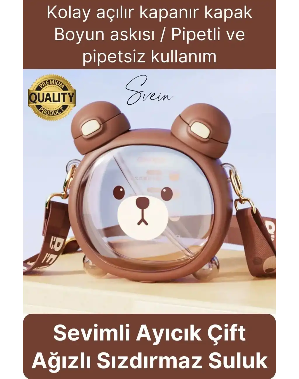 Sevimli Ayıcıklı Çocuk Suluğu Çift Kapaklı Pipetli Boyun Askılı Su Matarası Şişesi Kahve Sticker