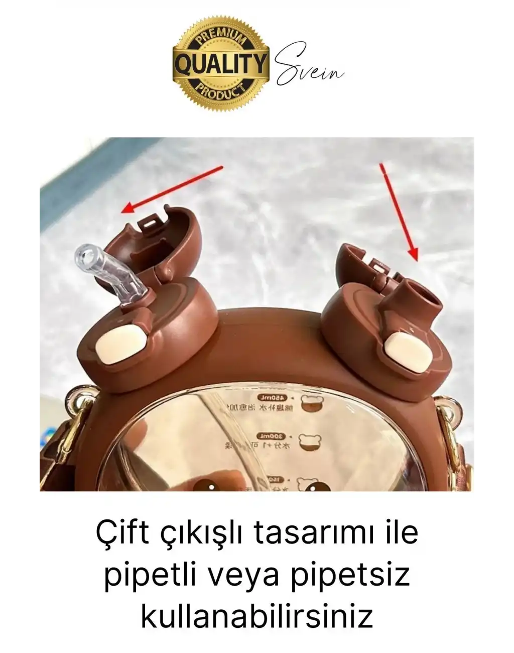 Sevimli Ayıcıklı Çocuk Suluğu Çift Kapaklı Pipetli Boyun Askılı Su Matarası Şişesi Kahve Sticker