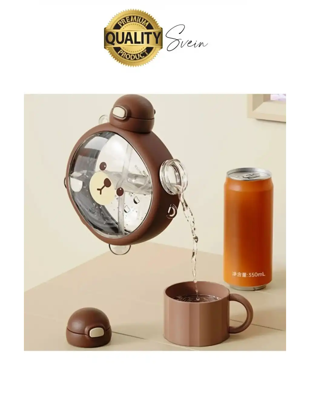 Sevimli Ayıcıklı Çocuk Suluğu Çift Kapaklı Pipetli Boyun Askılı Su Matarası Şişesi Kahve Sticker