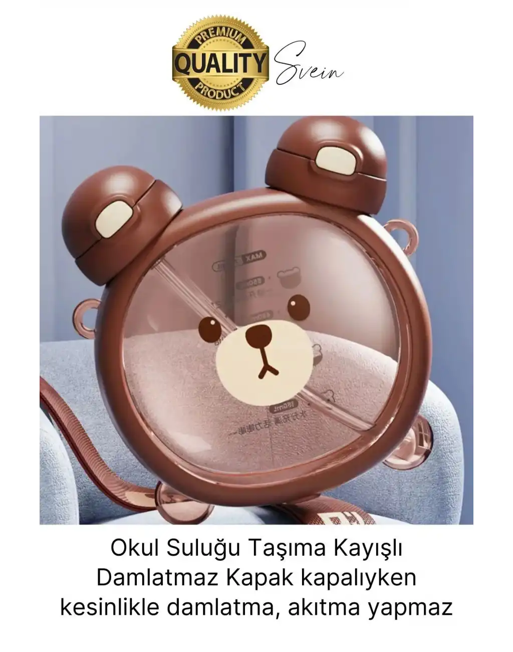 Sevimli Ayıcıklı Çocuk Suluğu Çift Kapaklı Pipetli Boyun Askılı Su Matarası Şişesi Kahve Sticker