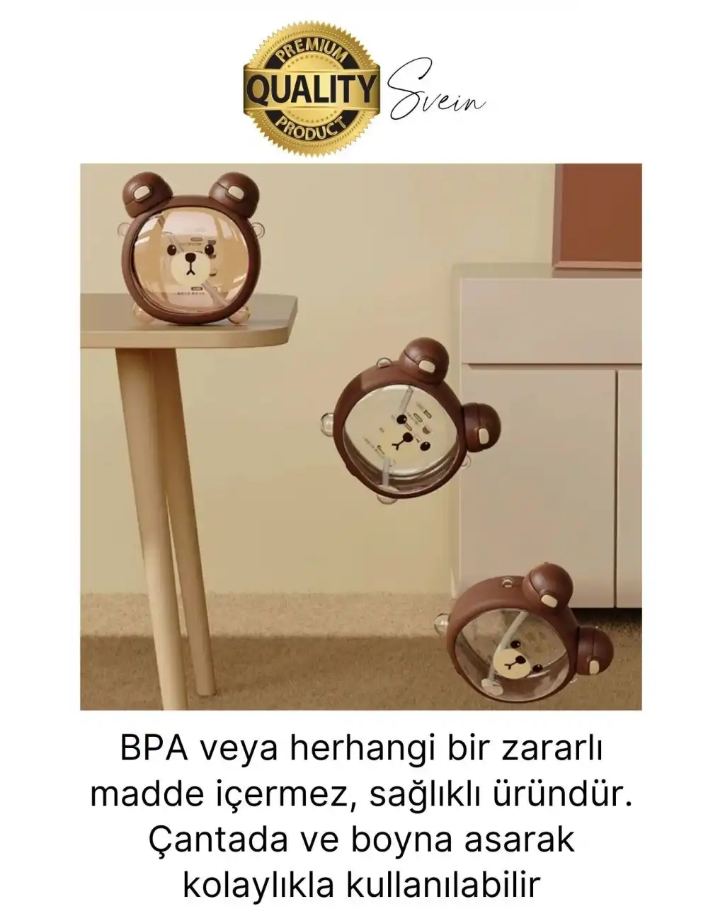 Sevimli Ayıcıklı Çocuk Suluğu Çift Kapaklı Pipetli Boyun Askılı Su Matarası Şişesi Kahve Sticker