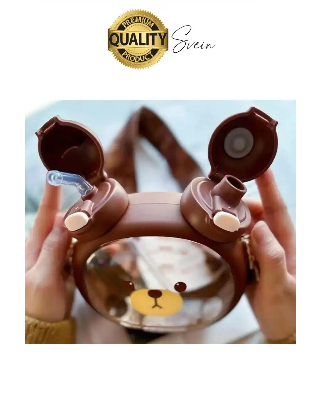 Sevimli Ayıcıklı Çocuk Suluğu Çift Kapaklı Pipetli Boyun Askılı Su Matarası Şişesi Kahve Sticker