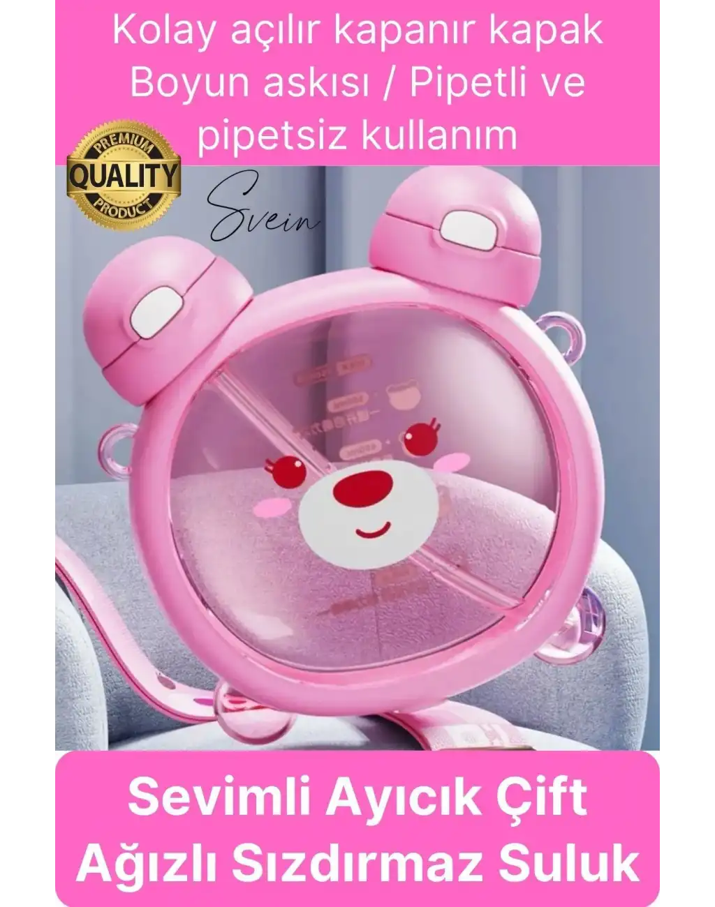 Sevimli Ayıcıklı Çocuk Suluğu Çift Kapaklı Pipetli Boyun Askılı Su Matarası Şişesi Pembe Sticker