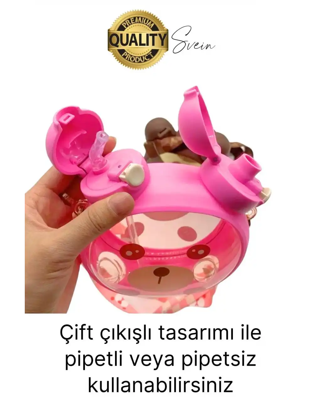 Sevimli Ayıcıklı Çocuk Suluğu Çift Kapaklı Pipetli Boyun Askılı Su Matarası Şişesi Pembe Sticker