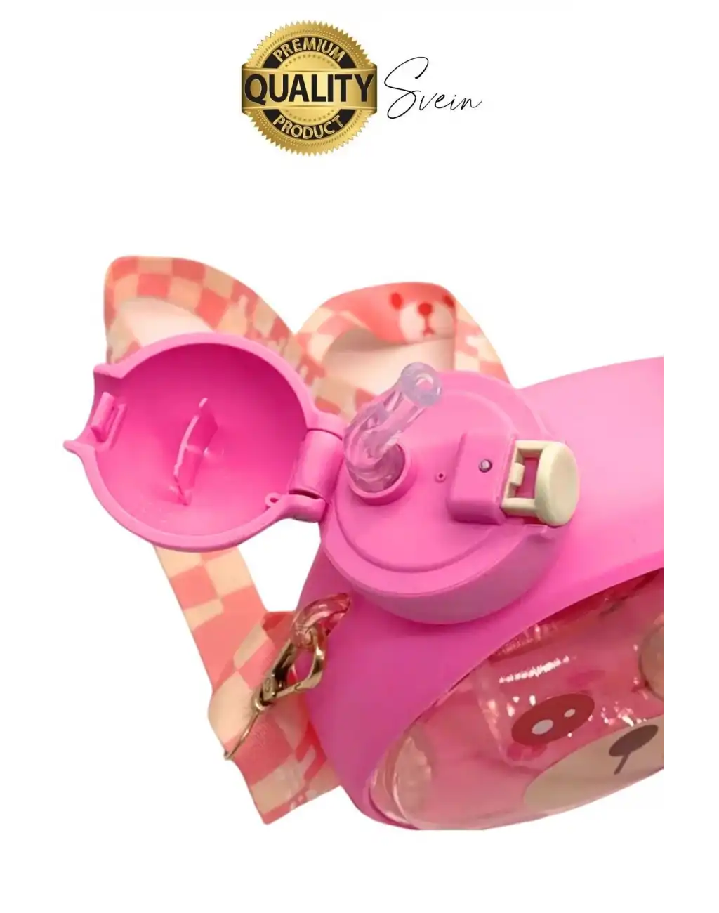 Sevimli Ayıcıklı Çocuk Suluğu Çift Kapaklı Pipetli Boyun Askılı Su Matarası Şişesi Pembe Sticker