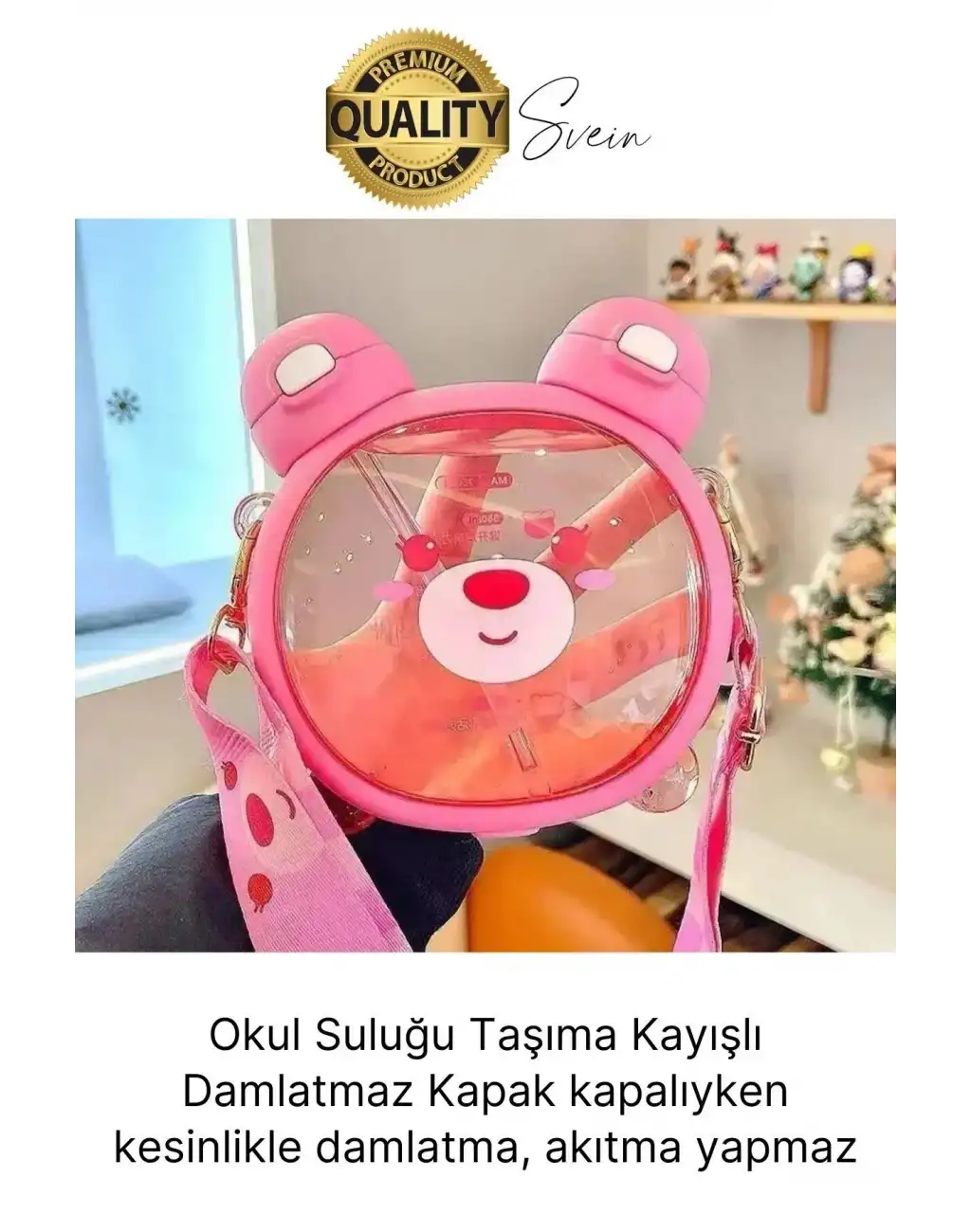 Sevimli Ayıcıklı Çocuk Suluğu Çift Kapaklı Pipetli Boyun Askılı Su Matarası Şişesi Pembe Sticker