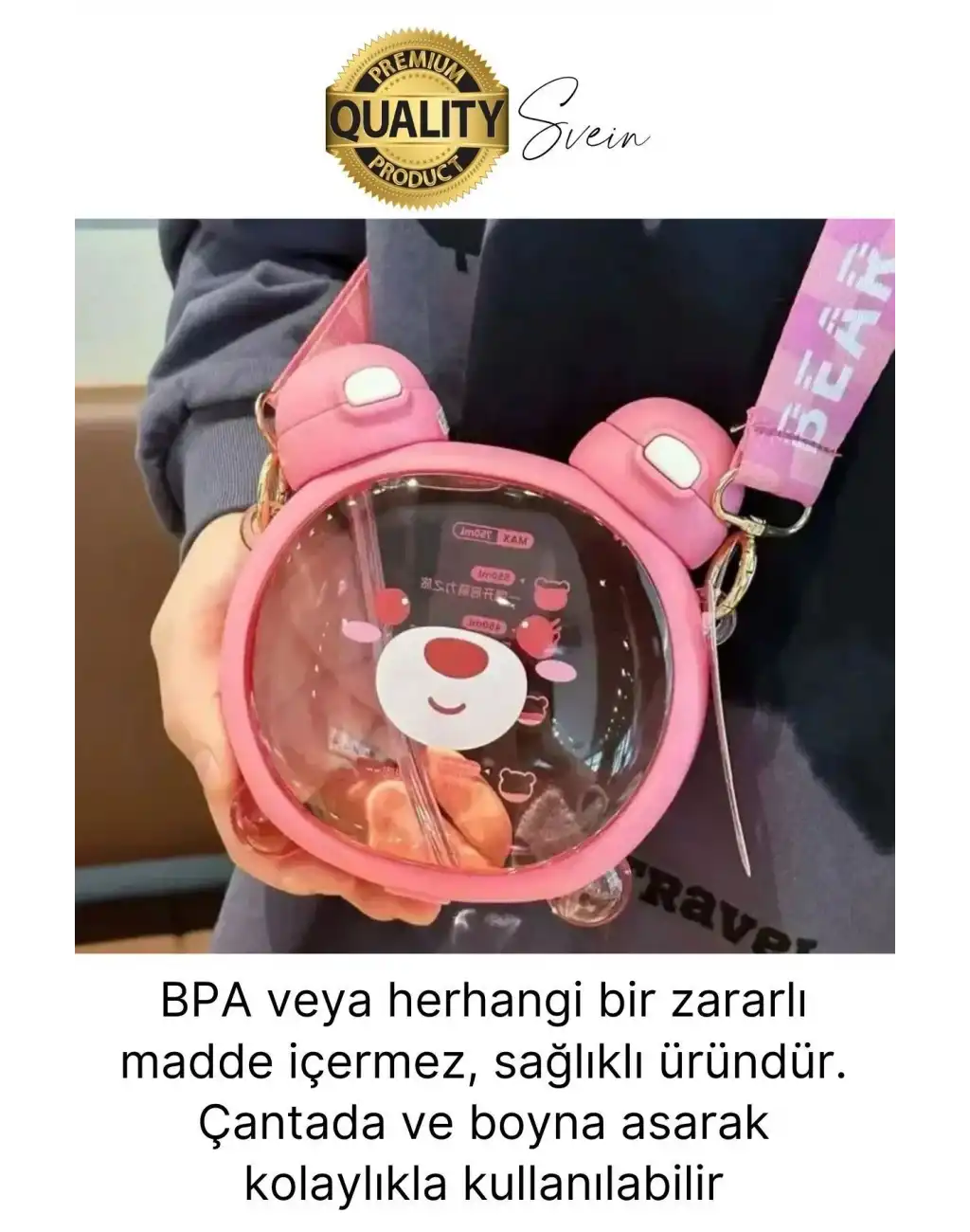 Sevimli Ayıcıklı Çocuk Suluğu Çift Kapaklı Pipetli Boyun Askılı Su Matarası Şişesi Pembe Sticker