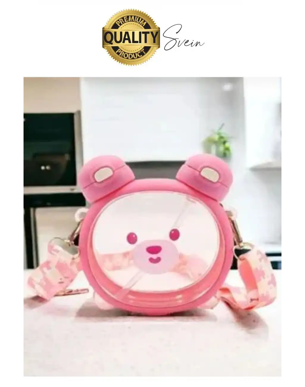 Sevimli Ayıcıklı Çocuk Suluğu Çift Kapaklı Pipetli Boyun Askılı Su Matarası Şişesi Pembe Sticker