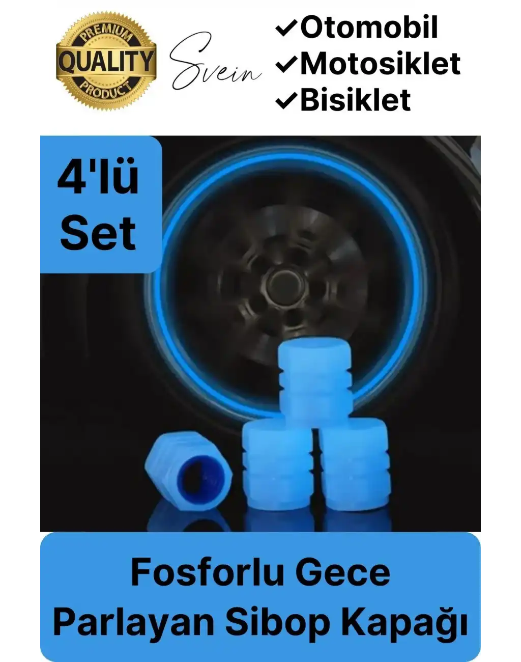Özel Üretim Mavi Fosforlu Sibop Kapağı 4 Set Tüm Araçlarla Uyumlu Gece Parlayan Sibob Jant Tekerlek