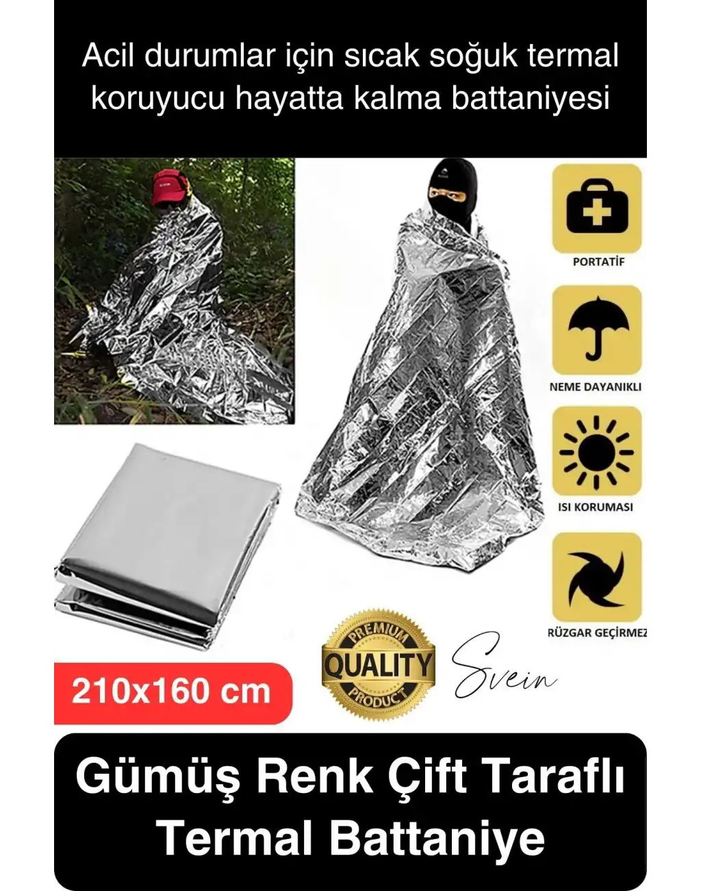 Soğuk Sıcak Tutan Çift Taraflı Gümüş Acil Durum Battaniyesi Termal Yanık Hayatta Kalma Kamp Deprem