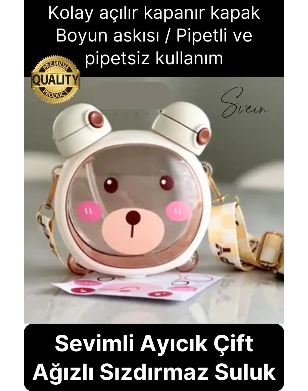 Sevimli Ayıcıklı Çocuk Suluğu Çift Kapaklı Pipetli Boyun Askılı Su Matarası Şişesi Beyaz Sticker