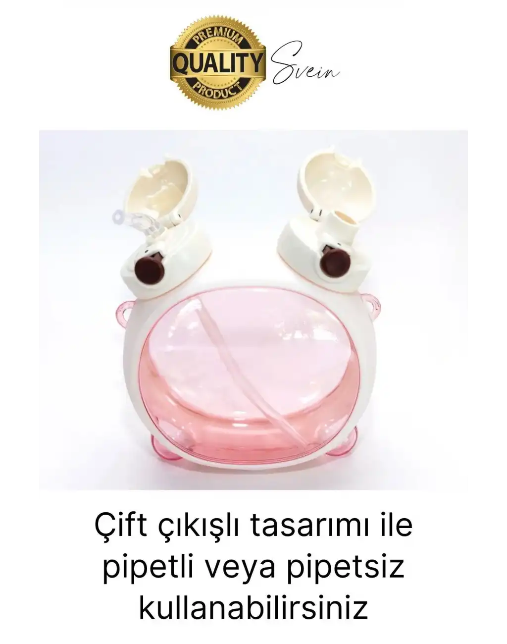 Sevimli Ayıcıklı Çocuk Suluğu Çift Kapaklı Pipetli Boyun Askılı Su Matarası Şişesi Beyaz Sticker