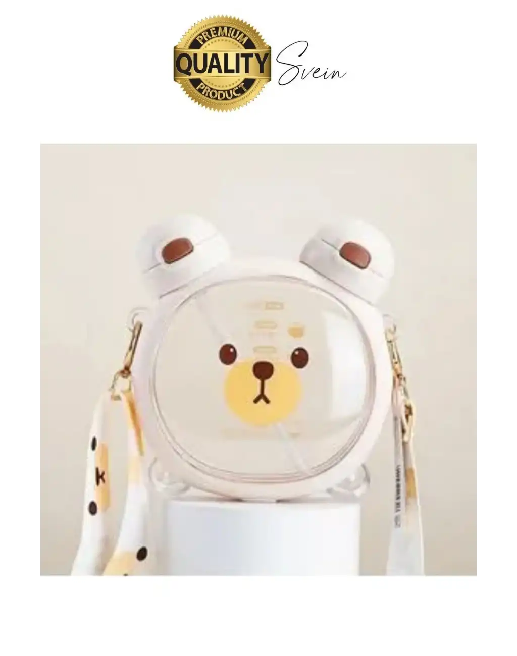 Sevimli Ayıcıklı Çocuk Suluğu Çift Kapaklı Pipetli Boyun Askılı Su Matarası Şişesi Beyaz Sticker