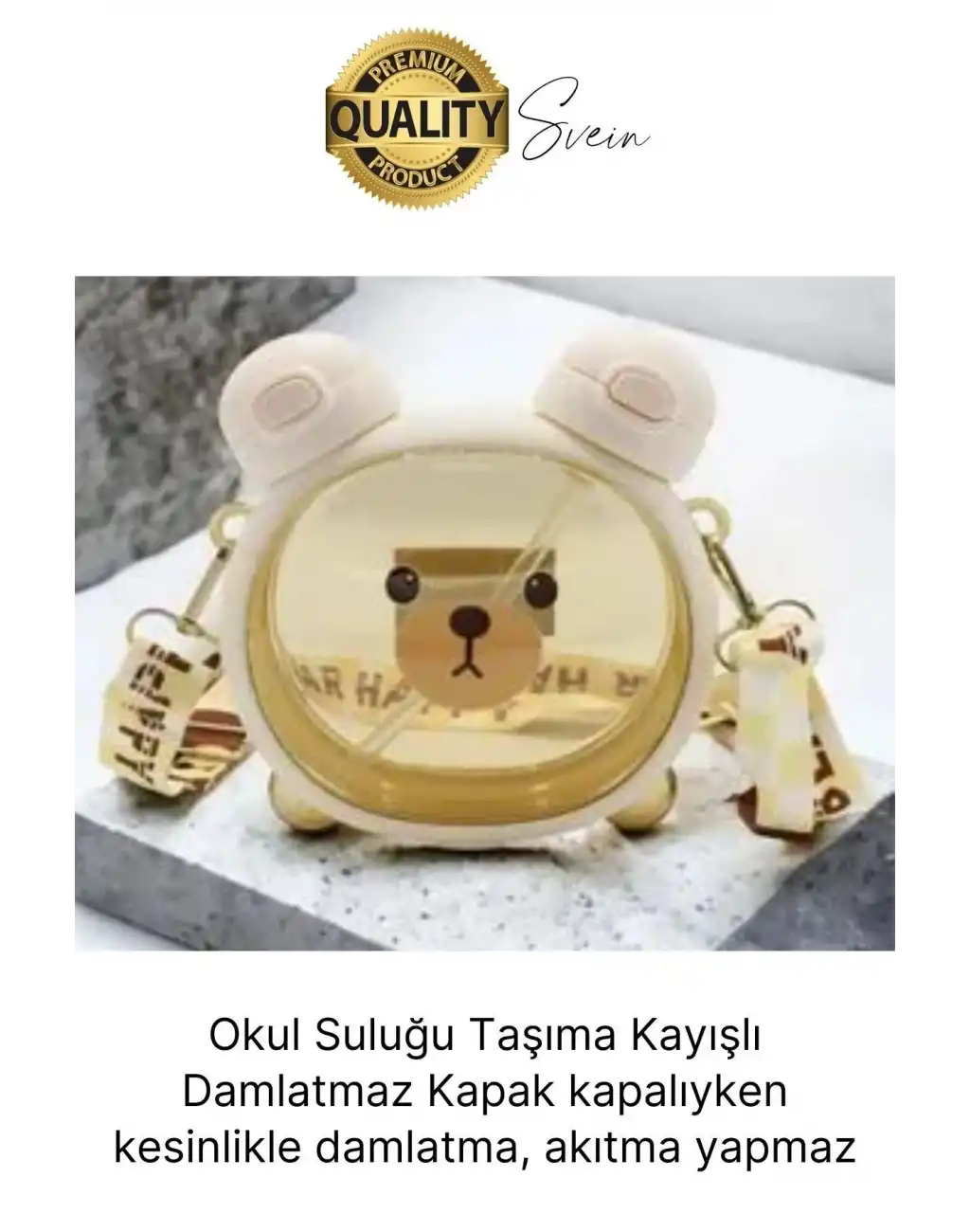 Sevimli Ayıcıklı Çocuk Suluğu Çift Kapaklı Pipetli Boyun Askılı Su Matarası Şişesi Beyaz Sticker